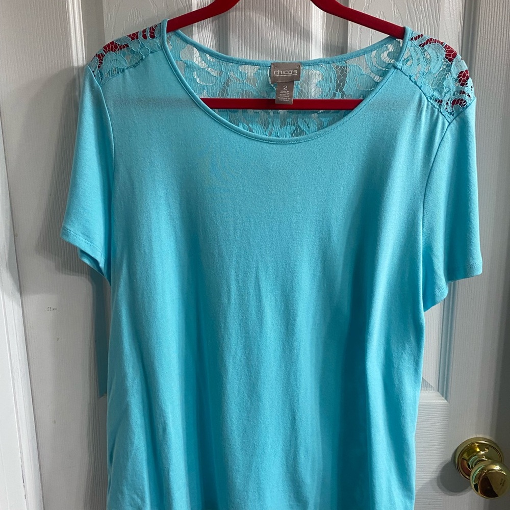 Chico's Short Sleeve Lace-Yoke Top — Turquoise Blue